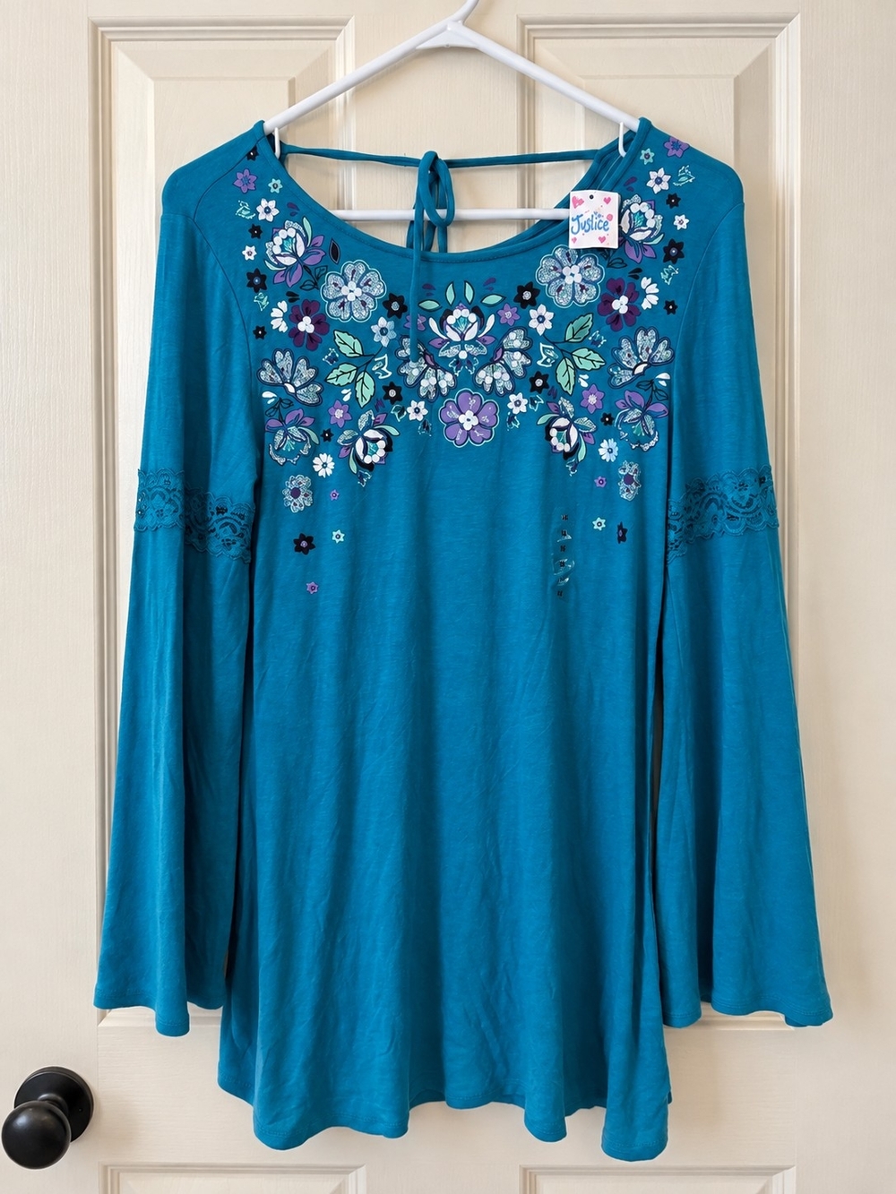 Justice Women's Teal Floral Embroidered Long-Sleeve Tunic